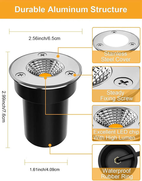 Diagram of Low Voltage Landscape Well Lights 3W 12V 24V In Ground LED Lights with stainless steel cover and rubber ring