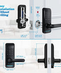 Smart Door Lock With Keypad And Keyless Entry IP66 Weatherproof Rock Solid App Control installation diagram on white door.