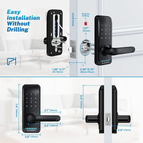 Smart Door Lock With Keypad And Keyless Entry IP66 Weatherproof Rock Solid App Control installation diagram on white door.