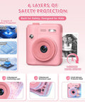 Kids Camera With Instant Print For Ages 4 To 10 Boys And Girls, pink plastic camera showing 6 safety layers