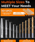 14 Piece Screw Extractor Set With Left Hand Drill Bits display with sizes for stripped screws and bolts removal