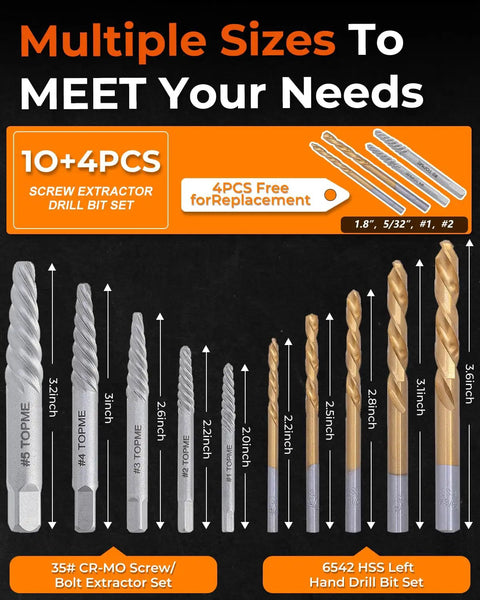 14 Piece Screw Extractor Set With Left Hand Drill Bits display with sizes for stripped screws and bolts removal
