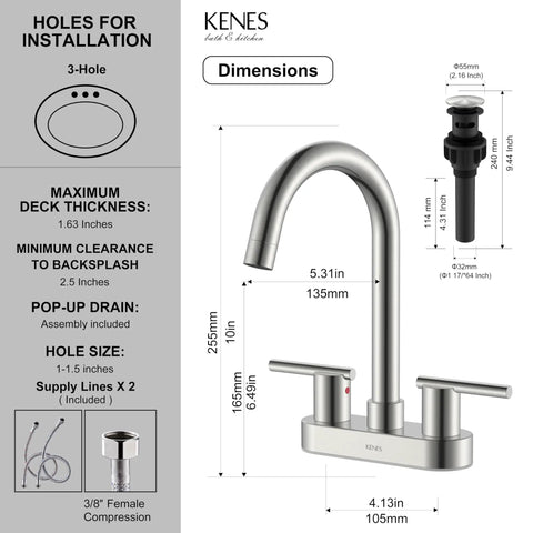 Dimensions diagram for 4 Inch 2 Handle Centerset Brushed Nickel Lead Free Bathroom Faucet With Pop Up Drain And Two Water Supply Lines
