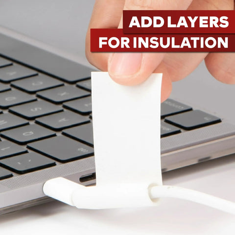 Self Fusing Silicone Tape Pro White Heavy Duty Plumbing Tape for leaks shown being applied to a laptop power cord for insulation