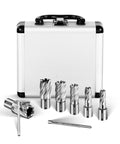 Kickass Hss Annular Cutter Set Weldon Shank Magnetic Drill Press Core Drill Bits in a carrying case with hex wrench.