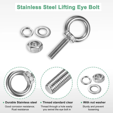 Premium Stainless Steel Eyebolts M10x40mm Solid As A Rock Shoulder Lifting Eye Bolts with attached nuts and washers.