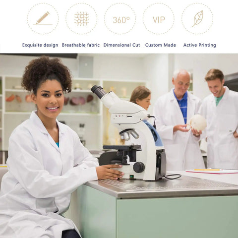 Scientists in White Unisex Lab Coat With Long Sleeves, Breathable Polyester And Cotton Blend, using laboratory equipment.
