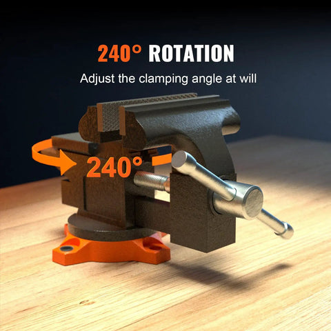 Built Tough Cast Iron Vise With Anvil, 4.5 Inch Jaw Width And 3.3 Inch Opening, 240 Degree Swivel Locking Base, shown on a wooden table