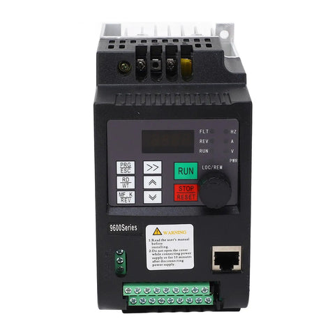 Front view of 1.5 KW Variable Frequency Drive with PID Control for industrial use, showing control panel and terminals.