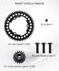 Traxxas X Maxx gear upgrade kit showing 54T spur gear and 18T pinion gear with screws for replacement and installation.