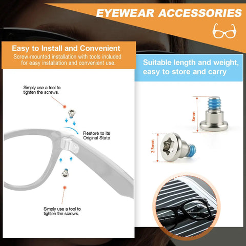 Smart Glasses Repair Kit With Ten Precision Screws And Dedicated Screwdriver showing installed screws on eyewear frame.
