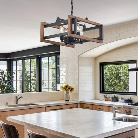 Dope Farmhouse 4 Light Adjustable Chandelier For Dining Room And Kitchen Island Rustic Hanging Light Fixture With Matte Black Metal Body And 4 Candle Arm Lights Ideal For Entryway Foyer Living Room Wood Finish