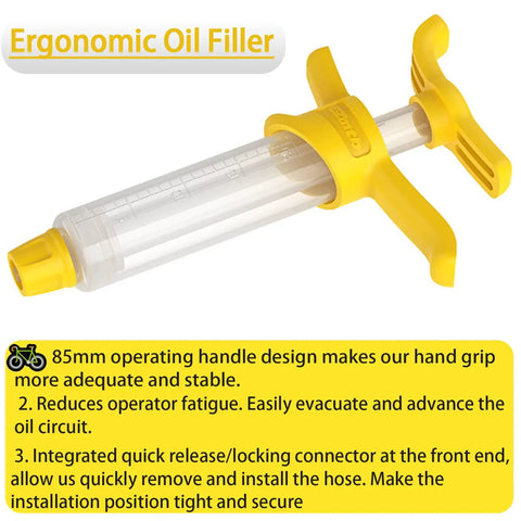 Pro Grade Bicycle Hydraulic Brake Bleed Kit ergonomic oil filler with yellow handle and 85mm grip for stable operation