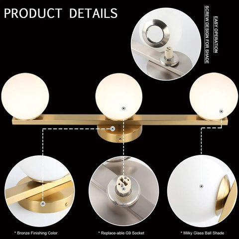 Slick Modern Brass Gold Three Light Vanity Fixture With Milky Glass Shades For Bathroom Over Mirror Wall Sconce
