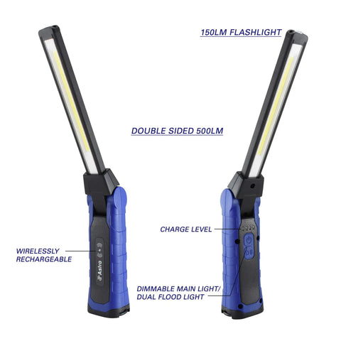 Double-Sided Folding LED Work Light With 1000 Lumen Flood and Slim Pro-Grade Design showing dual 500-lumen lights and USB-C quick charge.