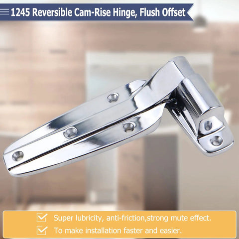 Reversible Cam Rise Hinge With Flush Mount And Polished Chrome Finish Self Closing Design Heavy Duty Steel Waterproof