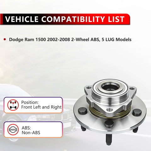 Pair Front Wheel Hub And Bearing Assembly For Ram 1500 2002 2008 5 Lug 2 Wheel ABS Models Only Without ABS Sensor displayed