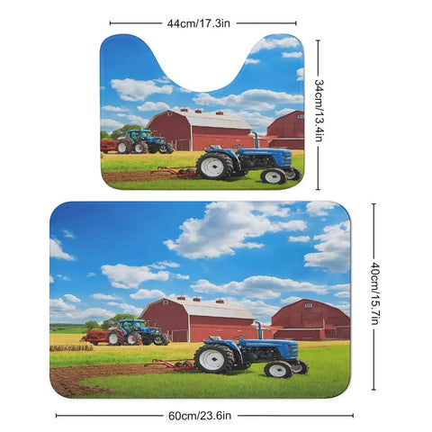 Farm Tractor Print Bath Rug Set 2 Piece Non Slip U Shaped Contour Toilet Mat And Plush Bath Mats Ultra Soft Absorbent Velvet
