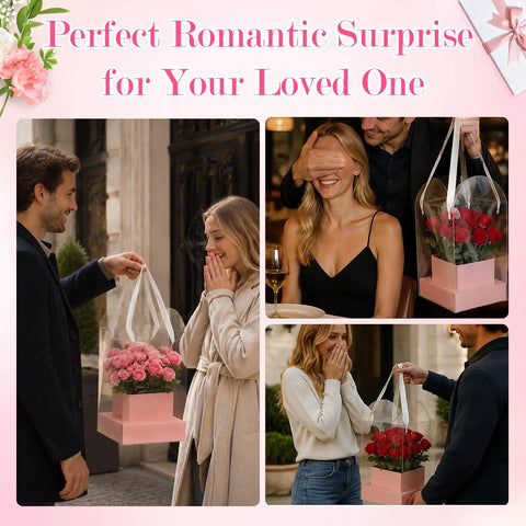 Couple with 20 Pack Clear Pink Flower Bouquet Bags With Handles 9.45 Inch Floral Gift Bags For Wedding Florist And Birthday Packaging Durable See Through Design Easy Grab And Go Handles Perfect For Medium Bouquets Potted Plants Gifts And Party Treats