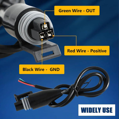 Close-up of 100 Psi Stainless Steel Pressure Transducer Sensor With Connector Harness showing wire connections for oil fuel water air