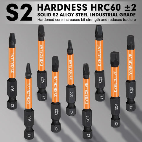 12 Pack Square Drive Bit Set In Premium S2 Alloy Steel Pro Grade With Magnetic Heads, Long 2.55 Inch Square Bits And Hex Shank