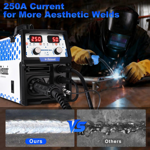 Five In One MIG Welder 250A Multiprocess Workhorse in action with welder and comparison welds