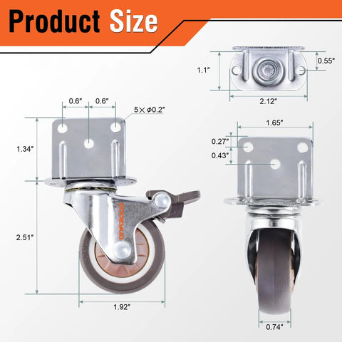 Diagram of Heavy Duty 2 Inch Side Mount Caster Wheels With Brake, Ultra Quiet Ball Bearing Swivel Casters, 4 Pack, dimensions shown.