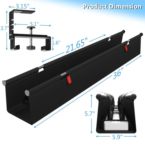 No Drill Under Desk Cable Management Tray With Clamp For Standing Desk 36 Inch Cord Organizer Premium Fabric Wire Management