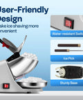 Heavy Duty Electric Ice Shaver And Snow Cone Maker Machine With Killer Blade Adjustments, ice pick and water-resistant switch.