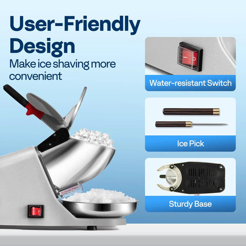 Heavy Duty Electric Ice Shaver And Snow Cone Maker Machine With Killer Blade Adjustments, ice pick and water-resistant switch.
