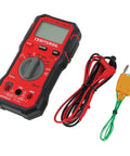 Automotive Digital Multimeter With True RMS And Auto Ranging Pro Grade 600V CAT III Tool For RPM Temperature Dwell Frequency Duty Cycle And Current Readings, featuring red casing with probes.