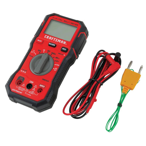 Automotive Digital Multimeter With True RMS And Auto Ranging Pro Grade 600V CAT III Tool For RPM Temperature Dwell Frequency Duty Cycle And Current Readings, featuring red casing with probes.