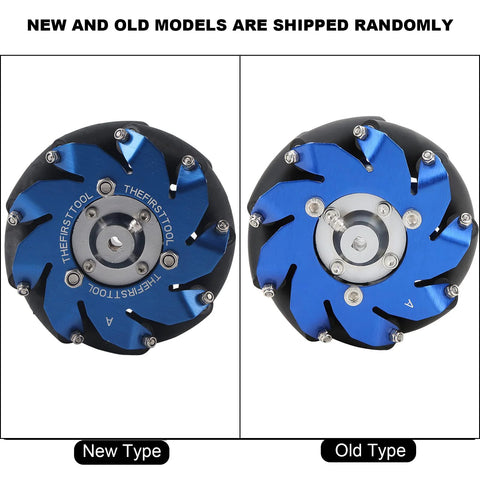 Pair of blue 4-inch aluminum mecanum wheels with TPU rollers and black tires.