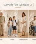 Support for everyday life featuring elder, children, pregnant women, and disability representation in a warm indoor setting.