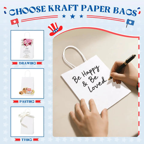 White Kraft Paper Gift Bags With Handles Bulk 5.25 X 3.75 X 8 Inches 1000 Pack Eco Friendly Recycled Paper For Small Business Made In USA Great For Party Favors Weddings Boutiques Retail Stores, being decorated with handwriting.
