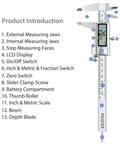 6 Inch Digital Vernier Caliper with Fraction Inch and Millimeter Modes, features list including LCD display and measuring jaws
