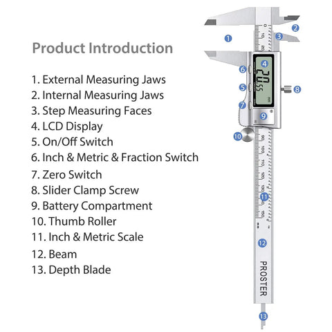 6 Inch Digital Vernier Caliper with Fraction Inch and Millimeter Modes, features list including LCD display and measuring jaws
