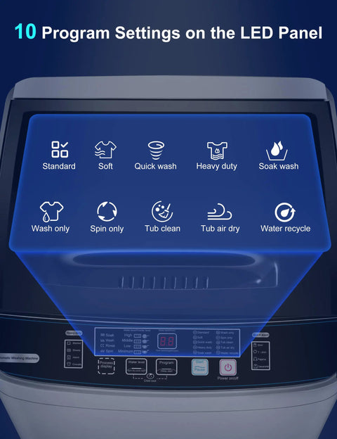 10 program settings displayed on LED panel of Portable Washing Machine 2 In 1 Compact Washer Built In Drain Pump 1.7 Cu Ft.