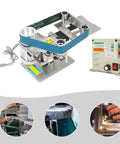 Real Deal 750W Belt Sander Polisher With Brushless Motor, 915X50mm Sanding Strip, Fixed Angle Sharpener on a stainless steel base.