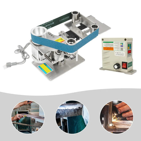 Real Deal 750W Belt Sander Polisher With Brushless Motor, 915X50mm Sanding Strip, Fixed Angle Sharpener on a stainless steel base.