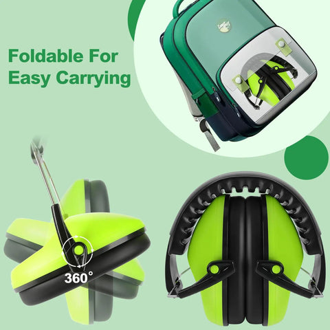 12 Pack Kids Noise Cancelling Headphones For Ear Protection, kid-safe earmuffs shown folded with a green backpack