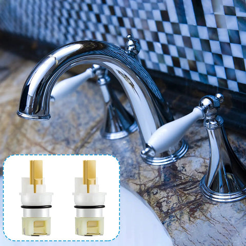 Two Handle Faucet Stem Replacement Kit With Cartridge RP4993 Seat And Spring shown near chrome faucet