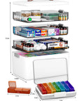 CTIME 4-Tier XL medicine organizer with leather handle; white plastic four-tier pill case with two weekly pill boxes.