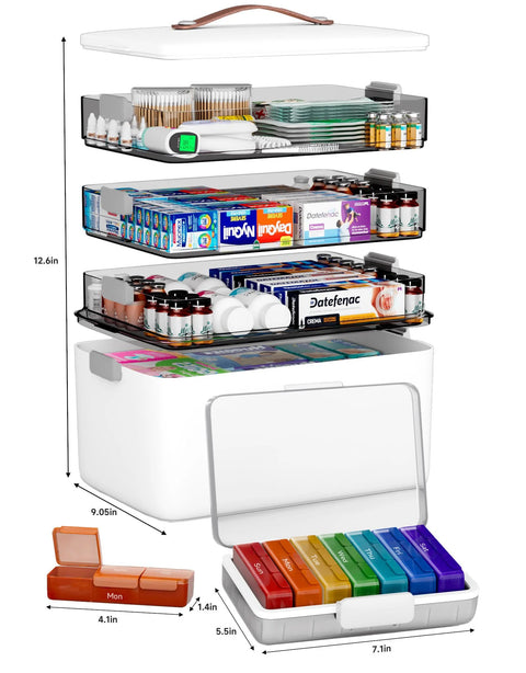 CTIME 4-Tier XL medicine organizer with leather handle; white plastic four-tier pill case with two weekly pill boxes.