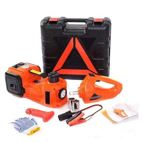Rock Solid Electric Car Jack Kit Lifting Five Ton Loads With Effortless Twelve Volt Hydraulic Pressure Comes Loaded With An Inflatable Pump And Torque Wrench For Easy Peasy Tire Swaps And Road Warrior Fixes set in a sturdy carrying case with tools.