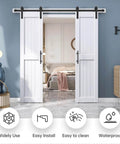 Double 24x84 Inch White Barn Doors With 8 Ft Sliding Door Hardware Kit Included installed in modern living room, solid wood.