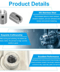 Front and side views of 303 stainless steel self-tapping, slotted threaded inserts (M6/M9 x 12mm), 20 pcs.