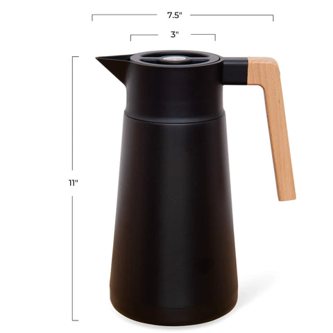 68 Oz Stainless Steel Insulated Coffee Carafe With Tea Infuser And Strainer 2 Liter Double Wall Vacuum Thermal Dispenser For Hot Or Cold Beverages Keeps Brew Fresh For Hours Black with wood handle, dimensions shown