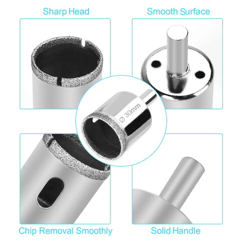 Close-up of 12 Piece Diamond Hole Saw Drill Bit Set For Ceramic Glass Tile Marble Granite Includes 4Mm To 30Mm Sizes.