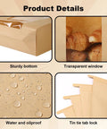 Product details of 45 pack thick sourdough bread bags with tin tie tabs and clear window for keeping big loaves fresh, sized 13.7 by 8.2 by 3.5 inches, includes 48 self adhesive stickers for easy bakery labeling, featuring sturdy bottom, transparent window, water and oilproof material, and tin tie tab lock.